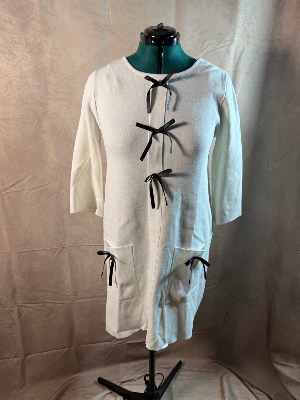662-Cream Midi Knit Dress with Black Ribbon Tie Accents